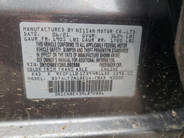 3N1CN8EV3ML892886 - 2021 NISSAN VERSA SV GRAY photo 12