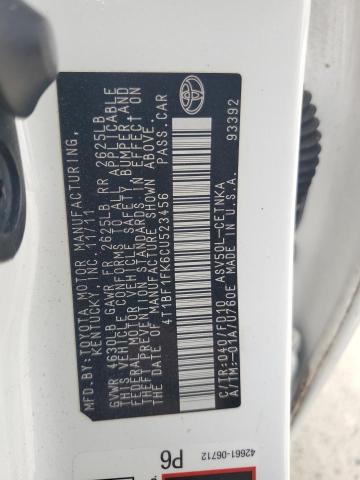 4T1BF1FK6CU523456 - 2012 TOYOTA CAMRY BASE WHITE photo 12