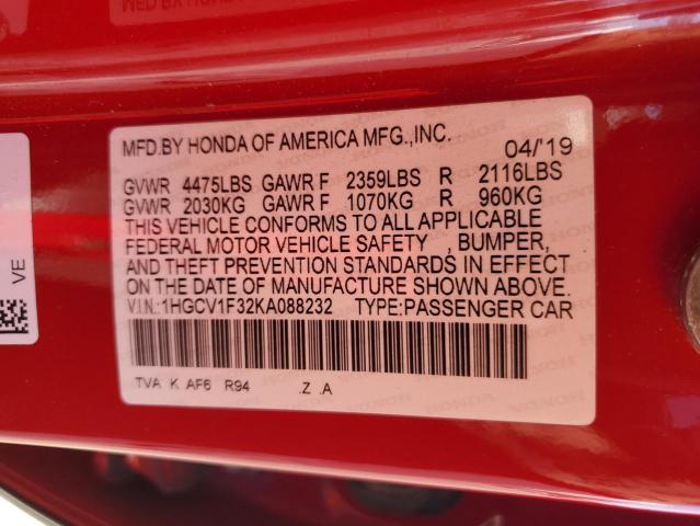 1HGCV1F32KA088232 - 2019 HONDA ACCORD SPORT Қызыл фото 12