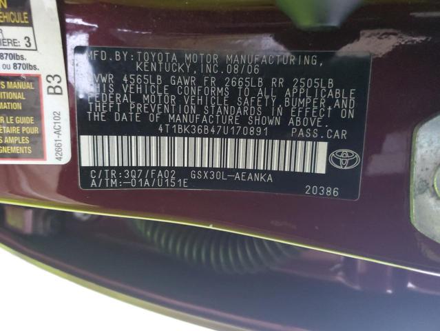 4T1BK36B47U170891 - 2007 TOYOTA AVALON XL BURGUNDY photo 12