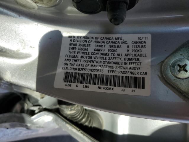 2HGFB2F53CH320675 - 2012 HONDA CIVIC LX SILVER photo 12