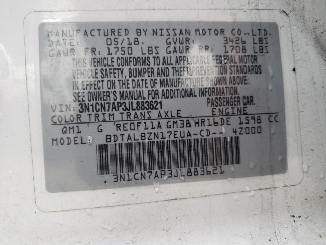 3N1CN7AP3JL883621 - 2018 NISSAN VERSA S WHITE photo 12