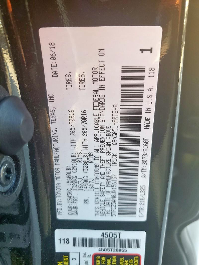 5TFCZ5AN0JX156137 - 2018 TOYOTA TACOMA DOUBLE CAB BLACK photo 12