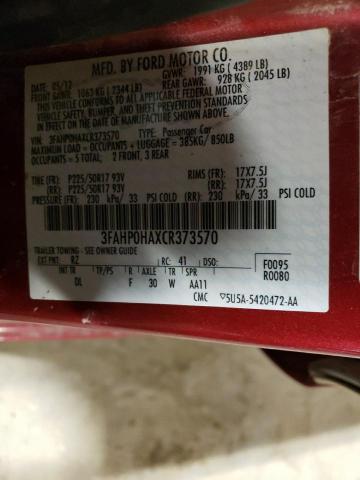 3FAHP0HAXCR373570 - 2012 FORD FUSION SE RED photo 12