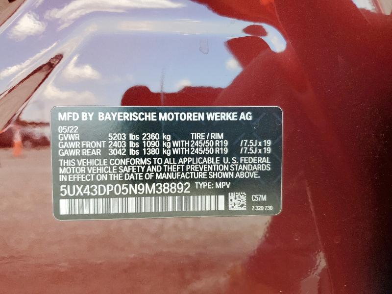 5UX43DP05N9M38892 - 2022 BMW X3 SDRIVE30I MAROON photo 13