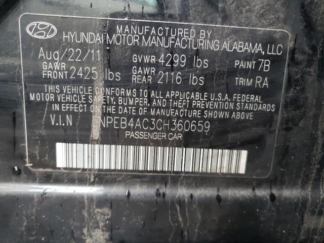 5NPEB4AC3CH360659 - 2012 HYUNDAI SONATA GLS BLACK photo 12