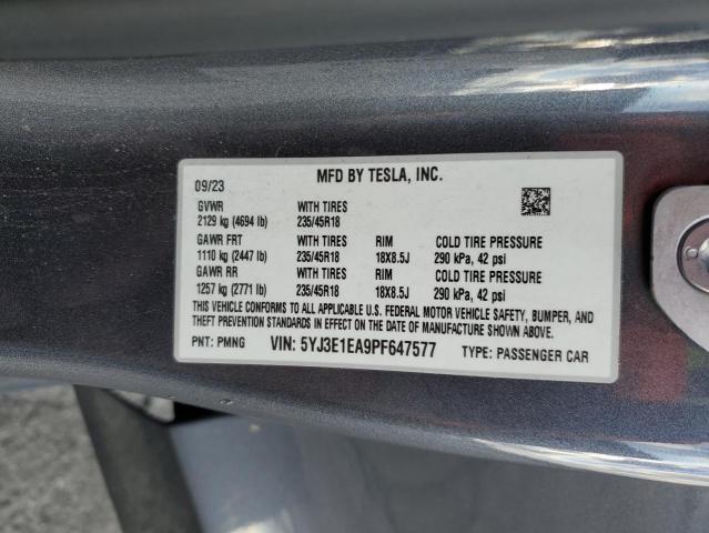 5YJ3E1EA9PF647577 - 2023 TESLA MODEL 3 رمادي صورة 13