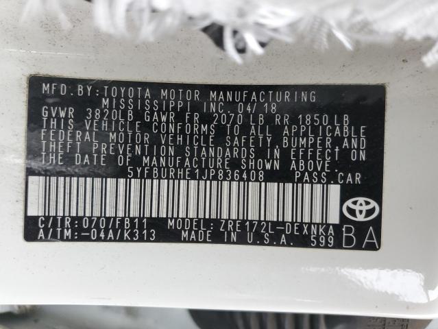 5YFBURHE1JP836408 - 2018 TOYOTA COROLLA L WHITE photo 12