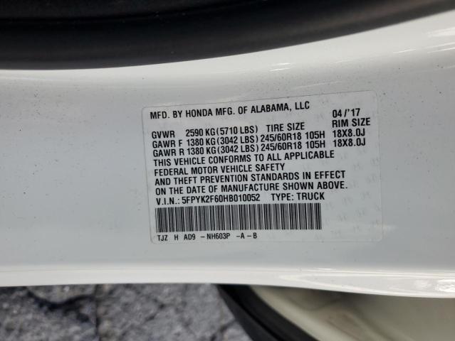 5FPYK2F60HB010052 - 2017 HONDA RIDGELINE RTL Білий фото 12