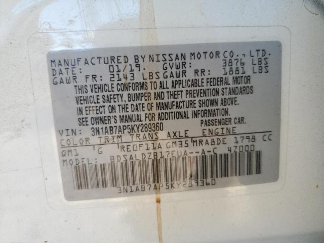 3N1AB7AP5KY289360 - 2019 NISSAN SENTRA S თეთრი ფოტო 12