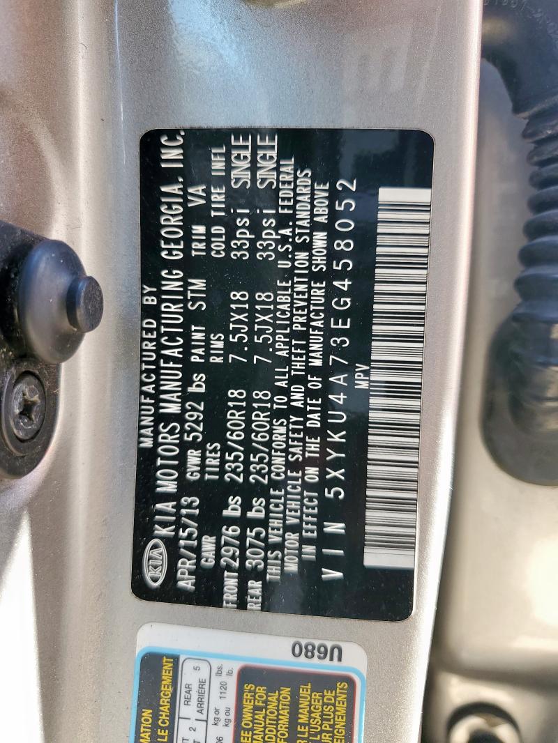 5XYKU4A73EG458052 - 2014 KIA SORENTO EX SILVER photo 12