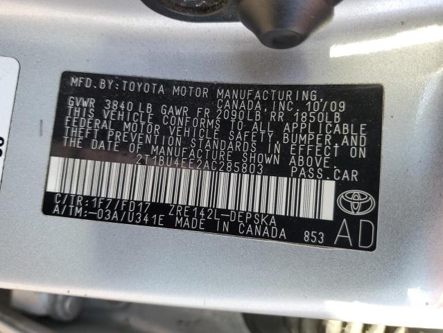2T1BU4EE2AC285803 - 2010 TOYOTA COROLLA BASE SILVER photo 12