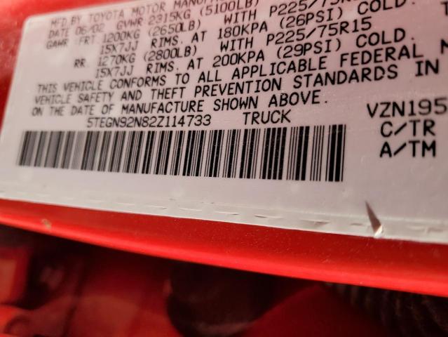 5TEGN92N82Z114733 - 2002 TOYOTA TACOMA DOUBLE CAB PRERUNNER RED photo 12
