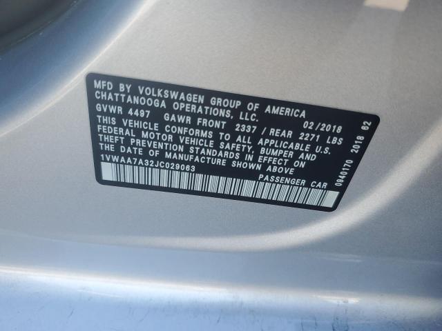 1VWAA7A32JC029063 - 2018 VOLKSWAGEN PASSAT S Plata foto 12