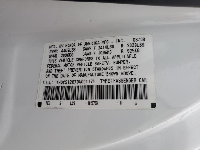 1HGCS12879A001171 - 2009 HONDA ACCORD EXL WHITE photo 12