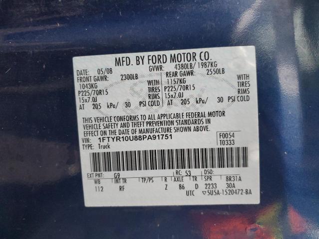 1FTYR10U88PA91751 - 2008 FORD RANGER BLUE photo 12