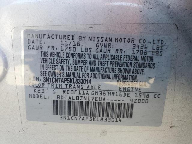 3N1CN7AP5KL833014 - 2019 NISSAN VERSA S 银色 照片 13