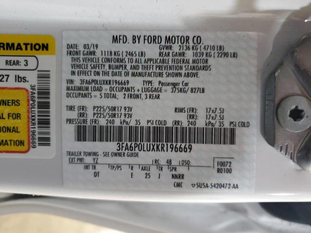 3FA6P0LUXKR196669 - 2019 FORD FUSION SE WHITE photo 12