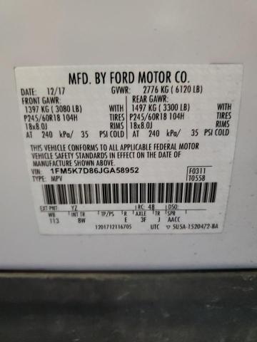 1FM5K7D86JGA58952 - 2018 FORD EXPLORER XLT WHITE photo 13