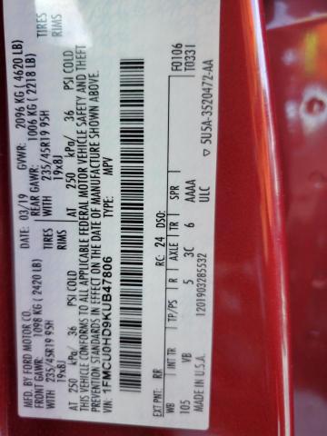 1FMCU0HD9KUB47806 - 2019 FORD ESCAPE SEL წითელი ფოტო 13