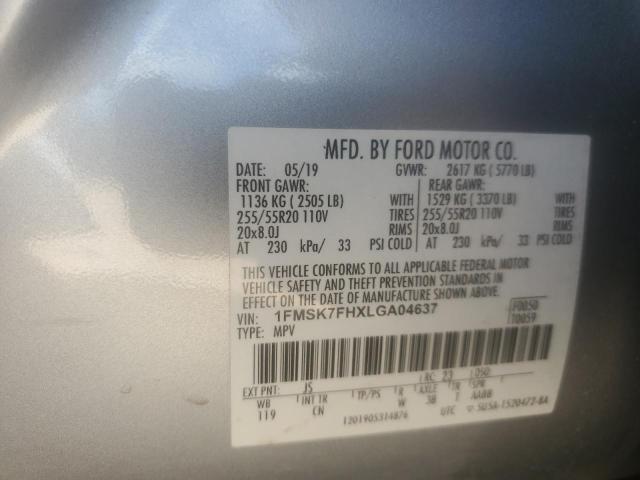 1FMSK7FHXLGA04637 - 2020 FORD EXPLORER LIMITED 银色 照片 13