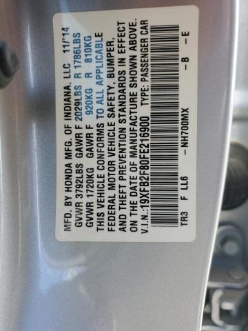 19XFB2F80FE216900 - 2015 HONDA CIVIC EX SILVER photo 12