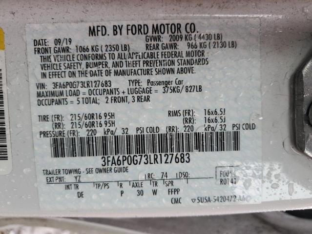 3FA6P0G73LR127683 - 2020 FORD FUSION S WHITE photo 12