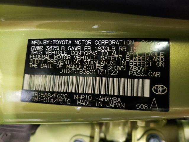 JTDKDTB36G1131122 - 2016 TOYOTA PRIUS C GREEN photo 13