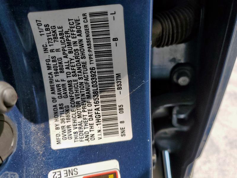 1HGFA16538L033926 - 2008 HONDA CIVIC LX BLUE photo 12