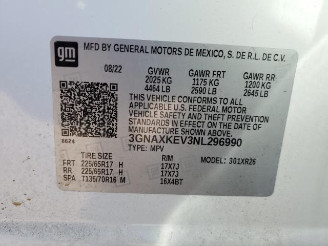 3GNAXKEV3NL296990 - 2022 CHEVROLET EQUINOX LT WHITE photo 12