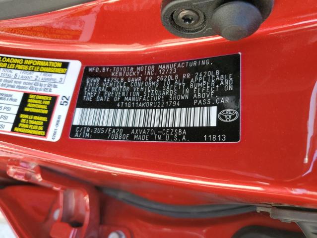 4T1G11AK0RU221794 - 2024 TOYOTA CAMRY SE NIGHT SHADE RED photo 12