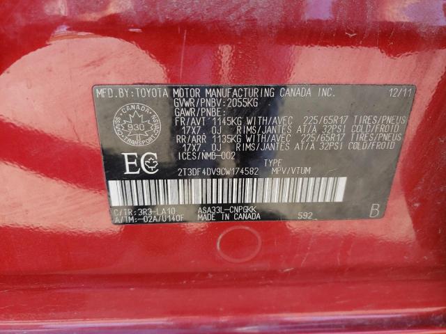 2T3DF4DV9CW174582 - 2012 TOYOTA RAV4 LIMITED Czerwony zdjęcie 13