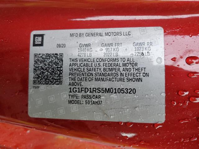 1G1FD1RS5M0105320 - 2021 CHEVROLET CAMARO LT RED photo 12