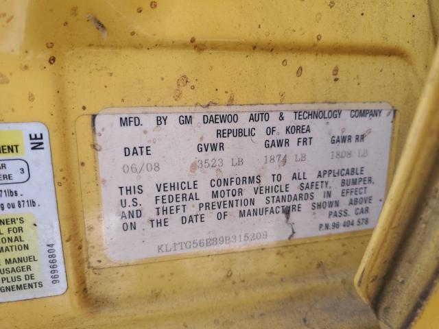 KL1TG56E89B315209 - 2009 CHEVROLET AVEO LT YELLOW photo 12