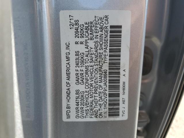 1HGCV2F91JA008640 - 2018 HONDA ACCORD TOURING SILVER photo 12