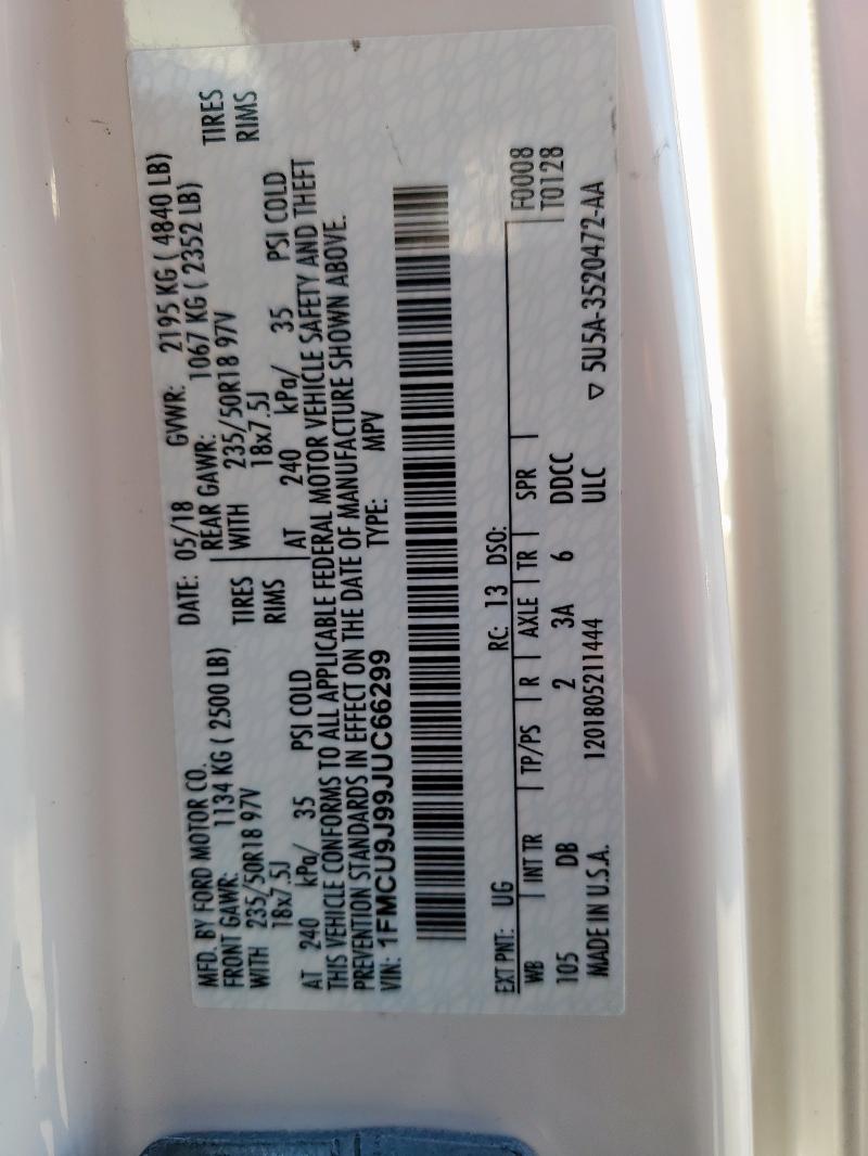 1FMCU9J99JUC66299 - 2018 FORD ESCAPE TITANIUM أبيض صورة 13