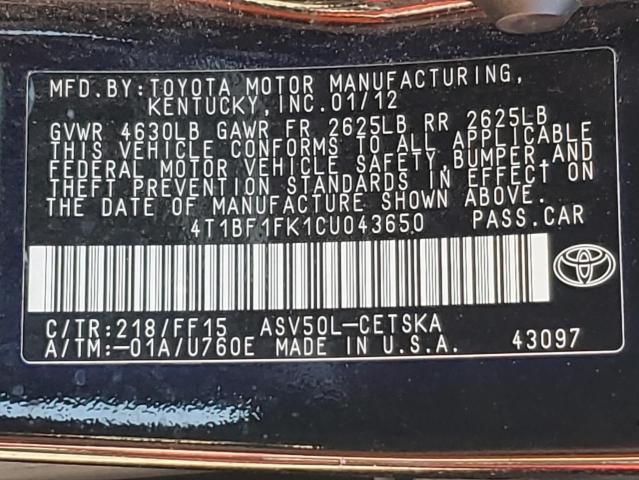 4T1BF1FK1CU043650 - 2012 TOYOTA CAMRY BASE BLACK photo 12