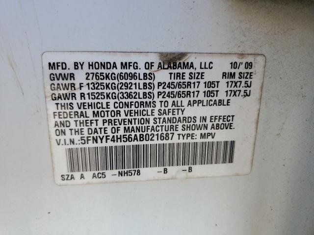 5FNYF4H56AB021687 - 2010 HONDA PILOT EXL Ağ foto 13