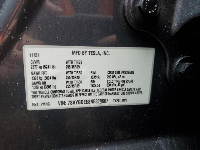 7SAYGDEE8NF308667 - 2022 TESLA MODEL Y Szary zdjęcie 13