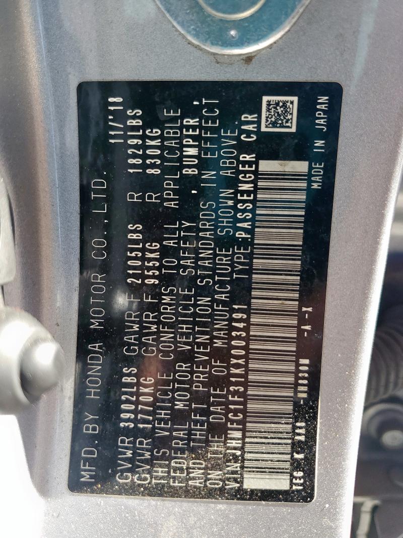 JHMFC1F31KX003491 - 2019 HONDA CIVIC EX Srebrny zdjęcie 12