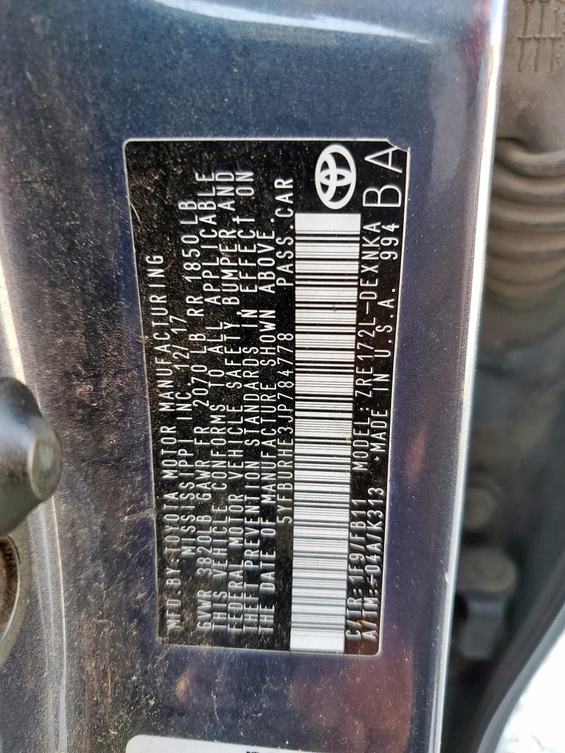 5YFBURHE3JP784778 - 2018 TOYOTA COROLLA L 蓝色 照片 12