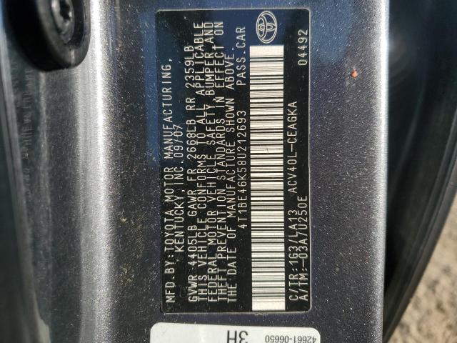 4T1BE46K58U212693 - 2008 TOYOTA CAMRY CE GRAY photo 12