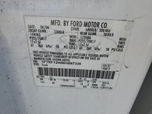 1FTRF12W86NB87335 - 2006 FORD F150 WHITE photo 12