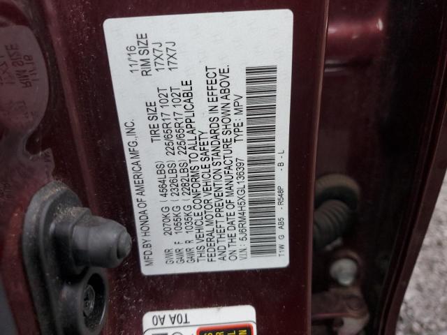 5J6RM4H5XGL136397 - 2016 HONDA CR-V EX MAROON photo 13