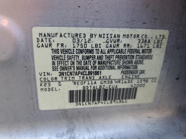 3N1CN7AP4CL891861 - 2012 NISSAN VERSA S SILVER photo 12