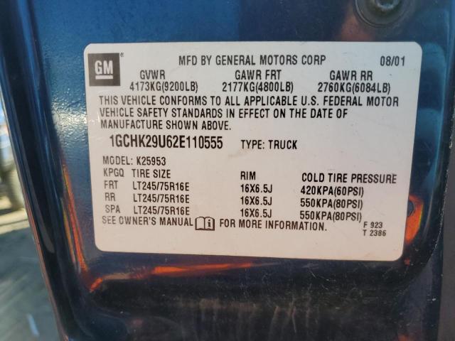 1GCHK29U62E110555 - 2002 CHEVROLET SILVERADO K2500 HEAVY DUTY BLUE photo 12