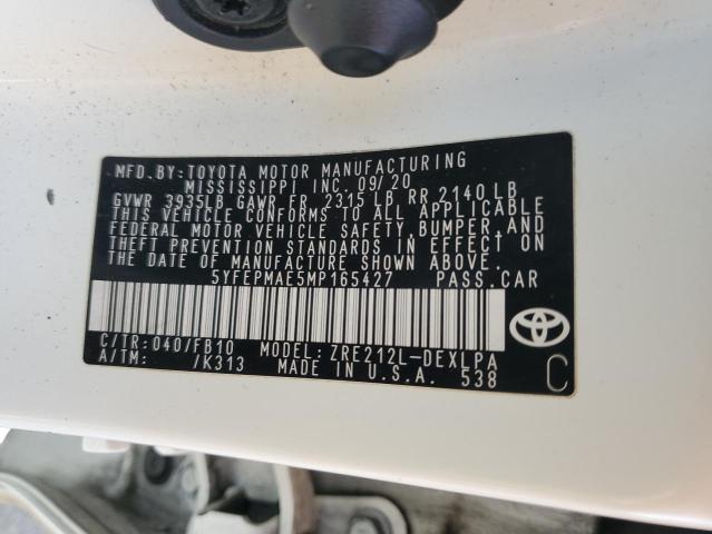 5YFEPMAE5MP165427 - 2021 TOYOTA COROLLA LE Սպիտակ լուսանկար 12