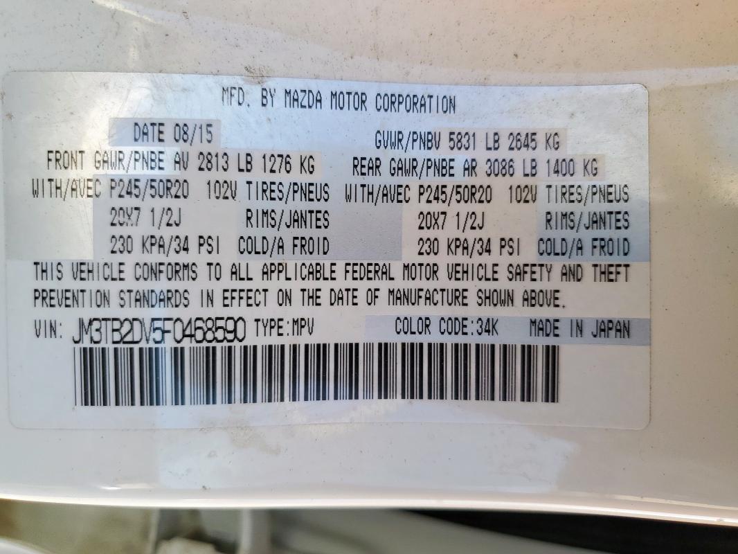 JM3TB2DV5F0468590 - 2015 MAZDA CX-9 GRAND TOURING WHITE photo 13