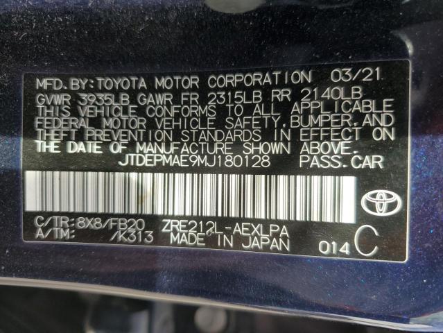 JTDEPMAE9MJ180128 - 2021 TOYOTA COROLLA LE ლურჯი ფოტო 12