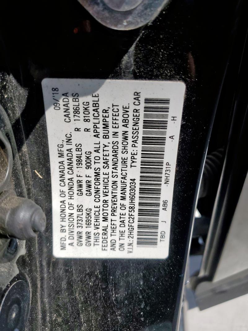 2HGFC2F58JH603034 - 2018 HONDA CIVIC LX 黑色 照片 12